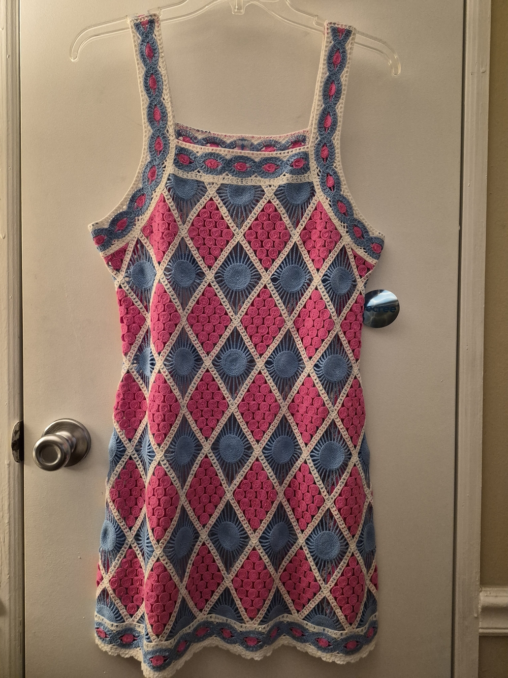 Decree Pink and Blue Crochet Diamond Tank Dress